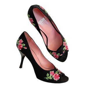 Moschino Cheap & Chic - Satin Crepe Floral Embroidered Peep-Toe Heels